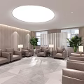 Modern Lounge Area Interior With Circular Ceiling Light Wooden Walls Sofas And Green Plants