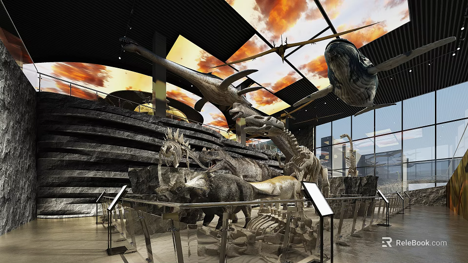 Cultural Center Exhibition Area With Dinosaur Skeletons Animal Specimens And Orange Sky Ceiling 3d model 