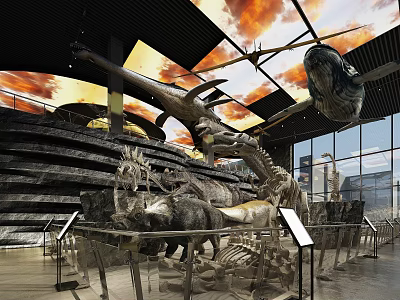 Cultural Center Exhibition Area With Dinosaur Skeletons Animal Specimens And Orange Sky Ceiling 3d model