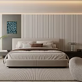Modern Bedroom Interior With Striped Wall Artwork Cozy Chair And Warm Lighting