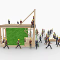 Group of Construction Workers Building Wooden Structure With Scaffolding and Tools