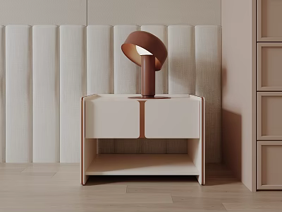 Modern Cream Bedside Table With Brown Table Lamp Double Drawers And Textured Wall 3d model