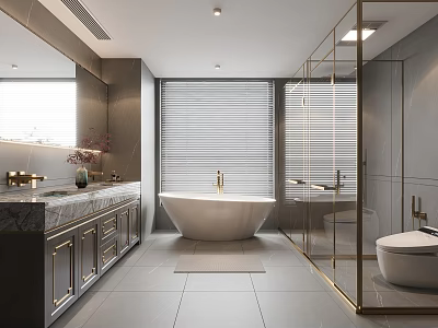 Modern Bathroom Interior Design With Free Standing Bathtub Marble Countertop And Gold Fixtures 3d model