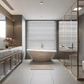 Modern Bathroom Interior Design With Free Standing Bathtub Marble Countertop And Gold Fixtures