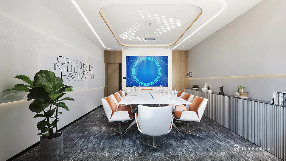 Modern Conference Room Interior With Round Table White Orange Chairs Projection Screen And Green Plant 3d model 