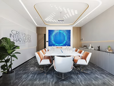 Modern Conference Room Interior With Round Table White Orange Chairs Projection Screen And Green Plant 3d model
