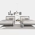 Modern Double Beds With Dark Headboards Gray Bedding Nightstand Plant Pendant Light And Geometric Decor