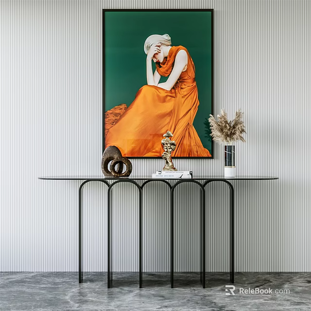 Stylish Console Table With Green Background Painting Orange Dress Figure Decorative Items And Dried Flower Vase 3d model 