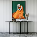 Stylish Console Table With Green Background Painting Orange Dress Figure Decorative Items And Dried Flower Vase