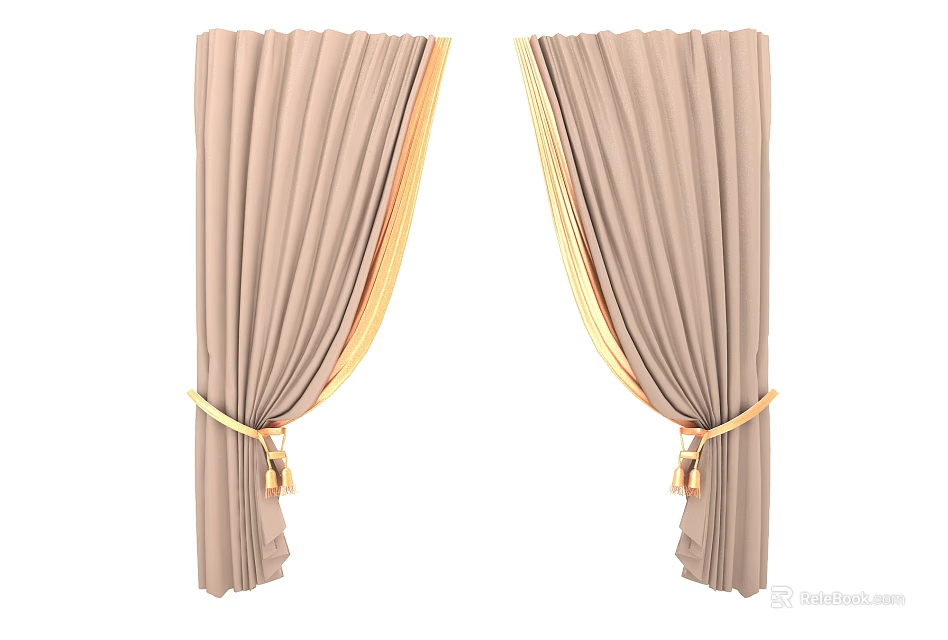 Elegant Beige Curtains With Golden Trim And Decorative Tiebacks For Home 3d model 