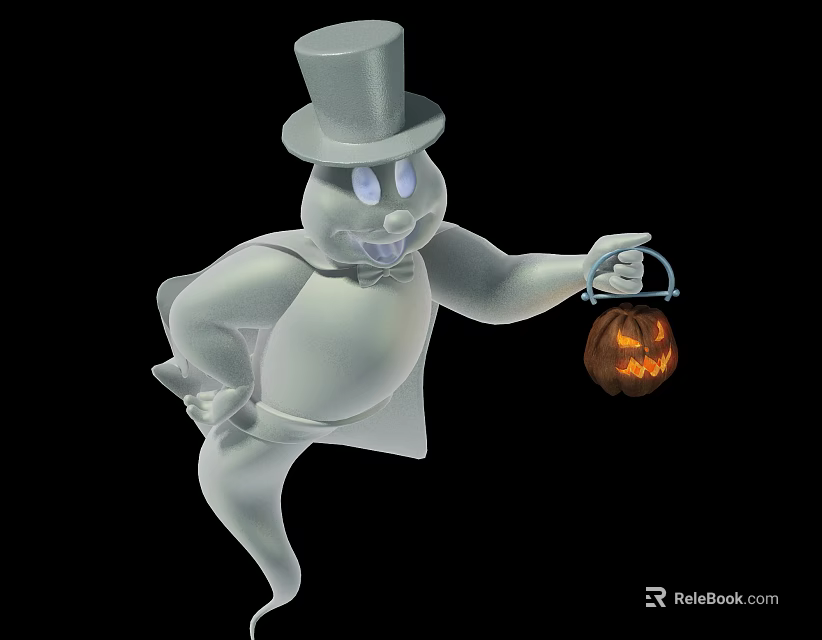 Animated Game Movie Ghost Character Wearing Top Hat Holding Jack O Lantern 3d model 