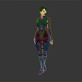 Futuristic Sci Fi Female Character in Blue Black Tech Armor Standing Against Gray Background