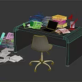 Cluttered Office Desk With Laptop Printer Document Stacks Scattered Papers Desk Lamp And Chair