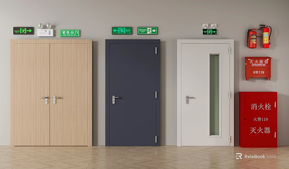 Safety Exit Signs With Various Doors And Fire Equipment In Building Corridor 3d model 