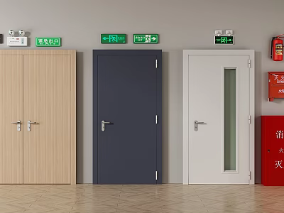 Safety Exit Signs With Various Doors And Fire Equipment In Building Corridor 3d model