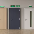 Safety Exit Signs With Various Doors And Fire Equipment In Building Corridor