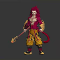 Mythical Warrior Character With Red Hair Golden Armor And Dragon Staff Tail
