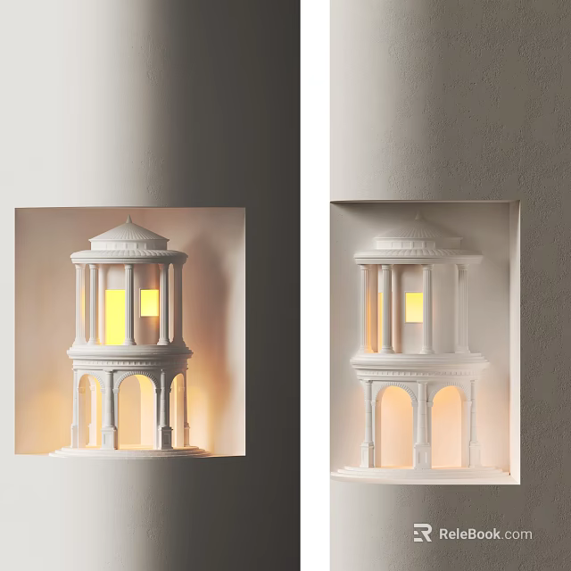 White Recessed Wall Sconces With Architectural Design Illuminated Warm Yellow Light 3d model