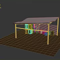 Covered Building Structure With Yellow Supporting Columns Brown Ground And Storage Buckets Equipment
