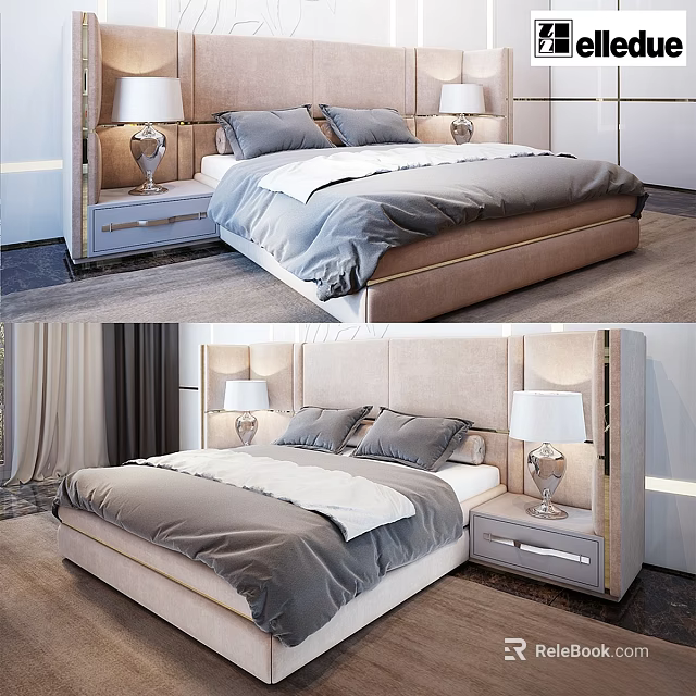 Modern Double Bed Interior with Stylish Headboard Nightstands Table Lamps and Gray Bedding 3d model 