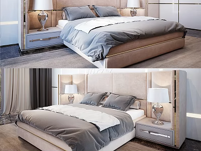 Modern Double Bed Interior with Stylish Headboard Nightstands Table Lamps and Gray Bedding 3d model