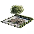 Charming Garden Decor With Wooden Deck Round Table Stools Tree Pool And Stone Path 3d model