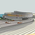 Modern Waterfront Visitor Center With Circular Design Scenic Walkway And Greenery