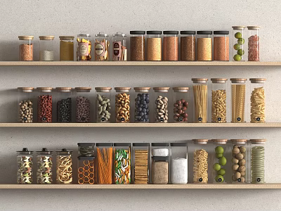 Organized Kitchen Spice Jars Storage With Various Dried Ingredients On Wooden Shelves 3d model