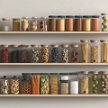 Organized Kitchen Spice Jars Storage With Various Dried Ingredients On Wooden Shelves