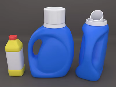 Small Yellow Bottle With Red Cap And Two Large Blue Bottles With White Caps 3d model