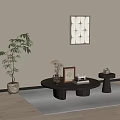 Black Coffee Table With Vase Photo Frame Books Green Plant On Gray Rug Wooden Floor