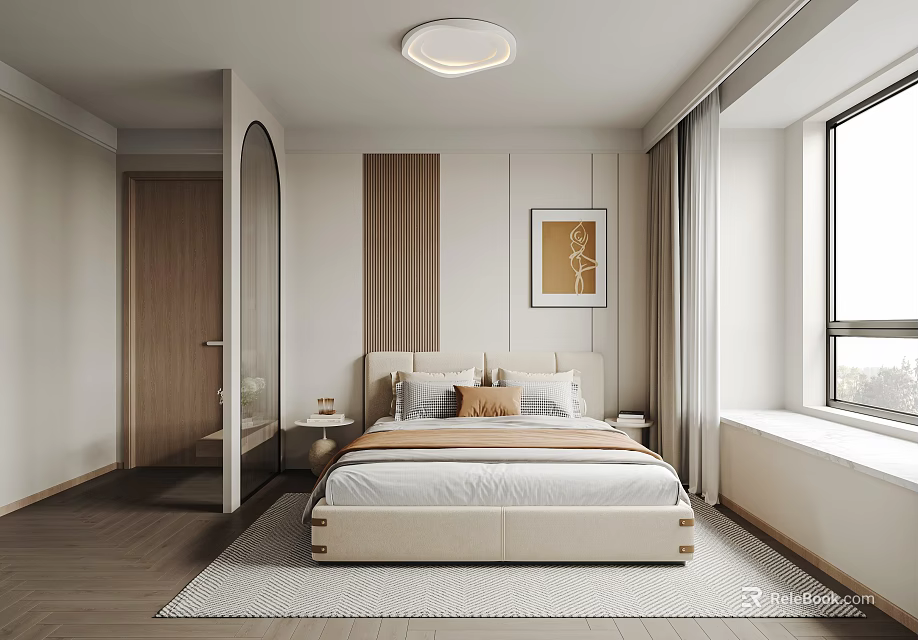 Modern Bedroom Interior With Beige Bed Wooden Headboard Wall Art And Area Rug 3d model 