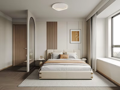 Modern Bedroom Interior With Beige Bed Wooden Headboard Wall Art And Area Rug 3d model