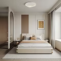 Modern Bedroom Interior With Beige Bed Wooden Headboard Wall Art And Area Rug