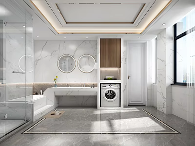 Modern Luxury Bathroom Interior With Double Mirrors Washing Machine And Shower Area 3d model