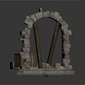 Ancient Style Stone Arch Structure With Wooden Beams And Stone Base