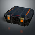 Futuristic Black Tech Container With Orange Strips And Yellow Accents