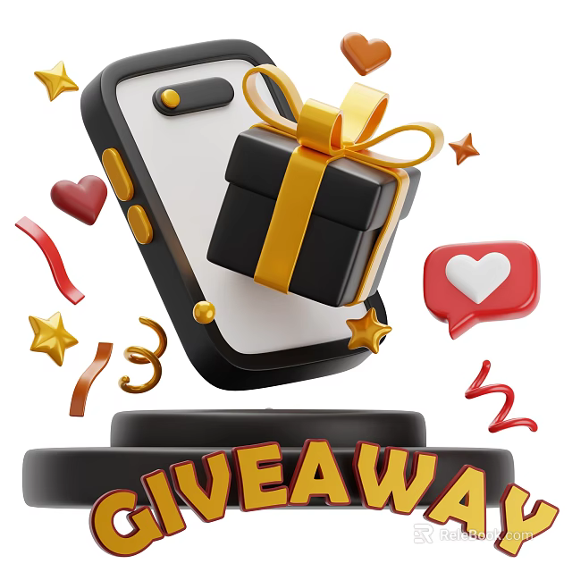 Digital Mobile Phone Giveaway Featuring Gift Box Hearts Stars and Streamers 3d model 