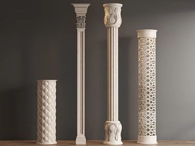 Different Design White Columns With Carved Details And Hollowed Patterns On Wooden Floor 3d model