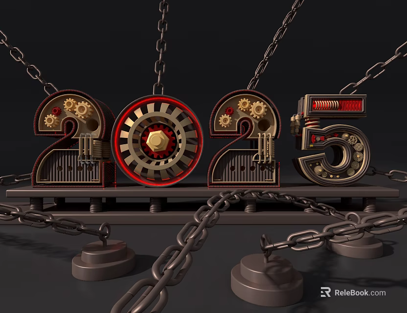 3D 2025 Numbers With Gears Chains And Mechanical Industrial Style Metal Base 3d model 