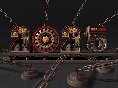 3D 2025 Numbers With Gears Chains And Mechanical Industrial Style Metal Base 3d model