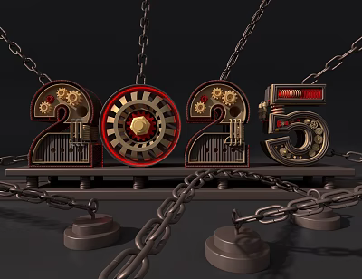 3D 2025 Numbers With Gears Chains And Mechanical Industrial Style Metal Base 3d model