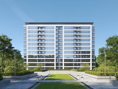 Modern High Rise Residential Building With Glass Windows Lush Lawn And Trees 3d model
