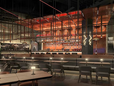 Modern Bar Interior With Stylish Lighting And Comfortable Seating Areas 3d model