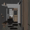 Cozy Store Front Desk Space With Wooden Counter Stone Walls Candle Lamps And Bench Seating