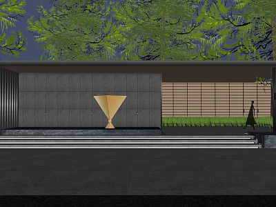 Modern Garden Landscape Design With Stone Wall Wooden Screens And Greenery 3d model