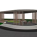 Modern Circular Landscape Pavilion With Illuminated Metal Frame Steps And Greenery Near Modern Building