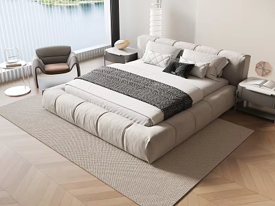 Modern Double Bed Interior Design With Soft Pillows Blanket Nightstand Chair And Window View 3d model