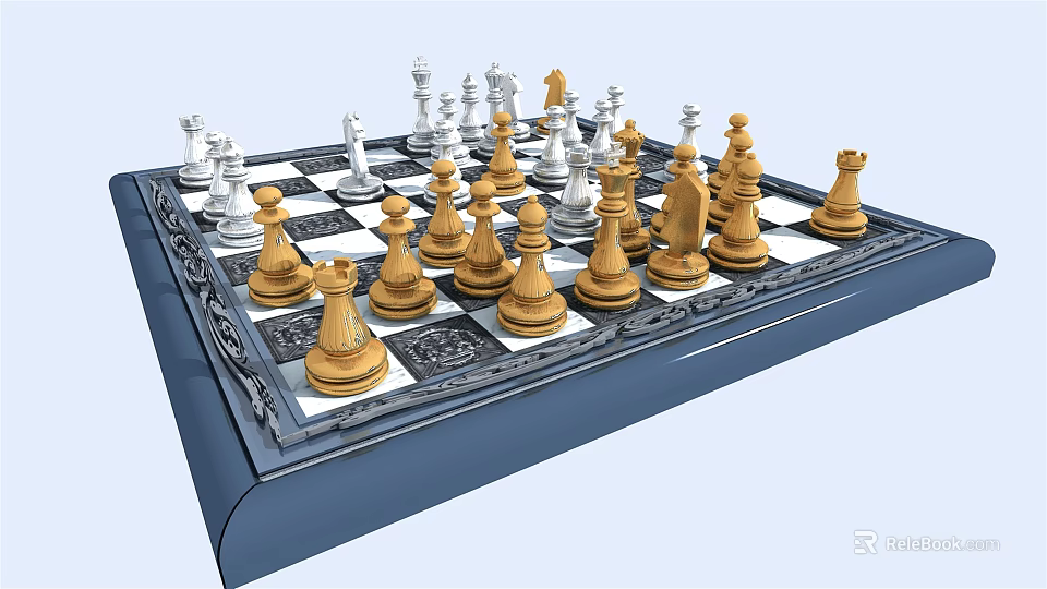 Elegant Chess Set With Decorative Board And Gold White Pieces For Entertainment 3d model 