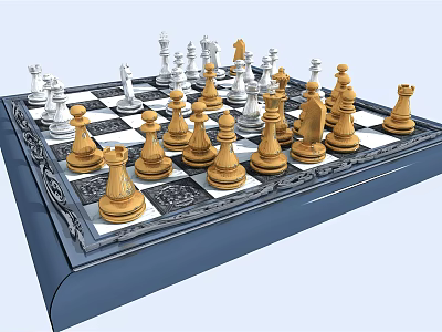 Elegant Chess Set With Decorative Board And Gold White Pieces For Entertainment 3d model